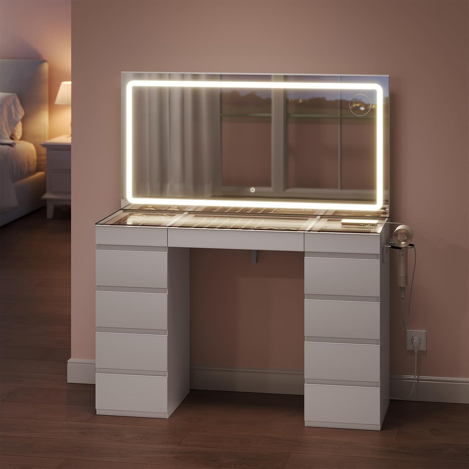 Coiffeuse Premium avec Grand Miroir LED et Grande Capacité de Rangement
