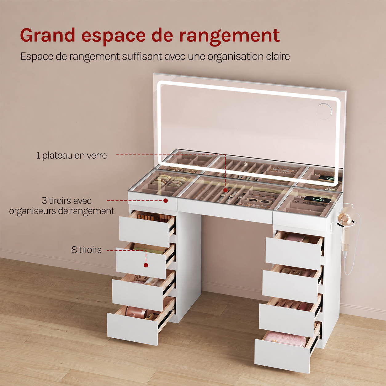 Coiffeuse Premium avec Grand Miroir LED et Grande Capacité de Rangement